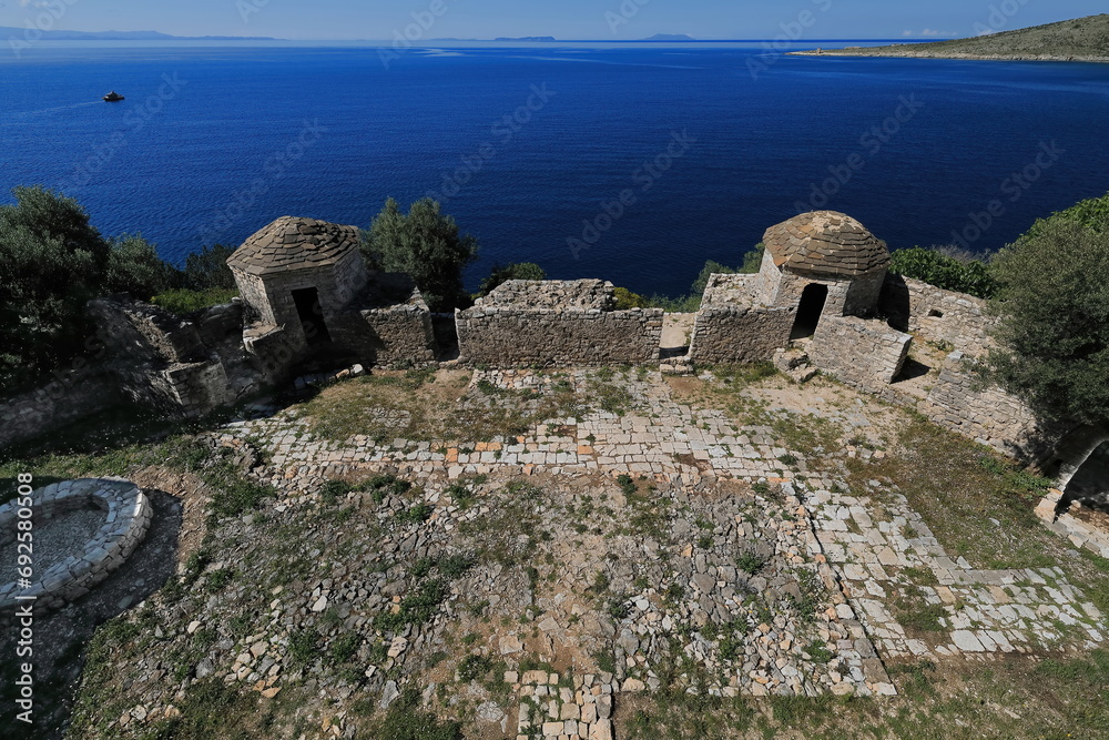 Survey towers, Ali Pasha Castle lower terrace, island of Porto Palermo Bay connected to the mainland by a land strip. Himare-Albania-131