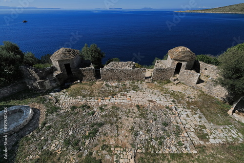 Survey towers  Ali Pasha Castle lower terrace  island of Porto Palermo Bay connected to the mainland by a land strip. Himare-Albania-131