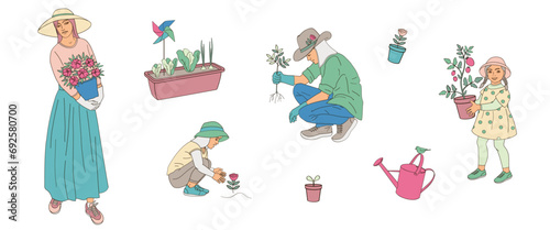 woman with flowers pot, man in a protective hat, kids boy and girl take measures against the solar radiation and UV ultraviolet during gardening
