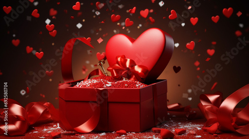 A close-up of a realistic red gift box adorned with a satin ribbon, surrounded by heart-shaped confetti and love-themed ornaments. Open lid reveals an array of festive objects.
