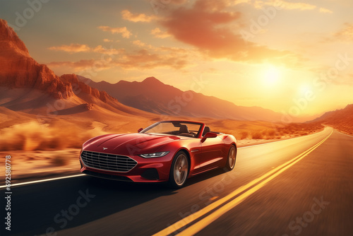Retro red car driving on asphalt road at sunset © RetoricMedia