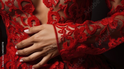 hands showcasing the delicate lacework on a Spanish Flamenco dress generative ai photo
