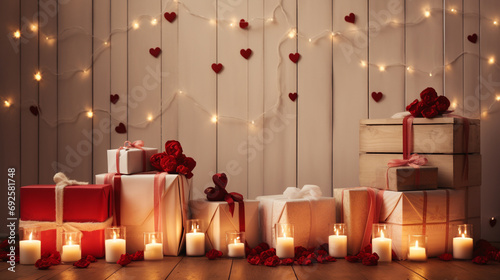 A cozy setting with a wooden white background enhanced by charming red hearts, beautifully wrapped gifts, and softly lit candles for a heartwarming celebration.