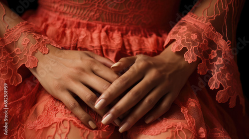 hands showcasing the delicate lacework on a Spanish Flamenco dress generative ai