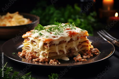 Dinner lasagna portion food pasta beef meal basil cheese plate italian meat