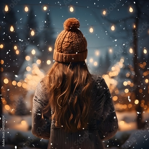 Woman in sweater standing outdoors in winter. A profile view of a young woman with brown hair wearing a bobble hat and coat