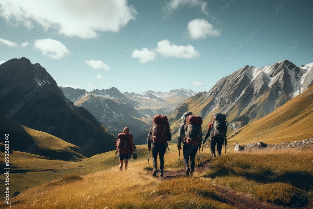 Photo of a diverse group of friends hiking in a breathtaking mountain landscape. Generative AI