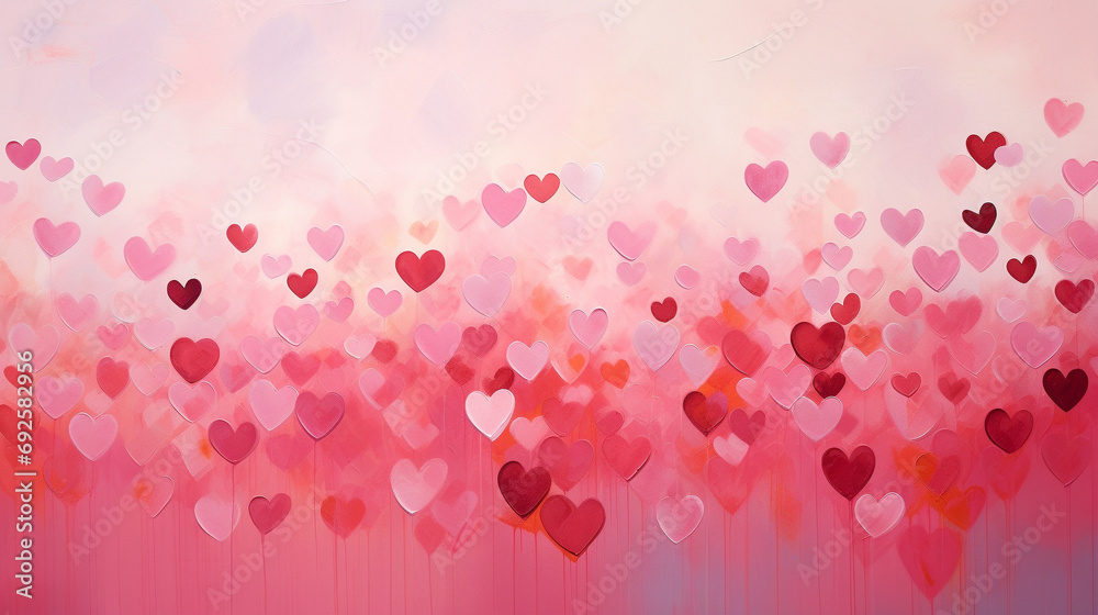 A visually appealing scene showcasing an abstract background adorned with red and pink hearts, creating a lively and romantic composition against a gentle pink canvas.
