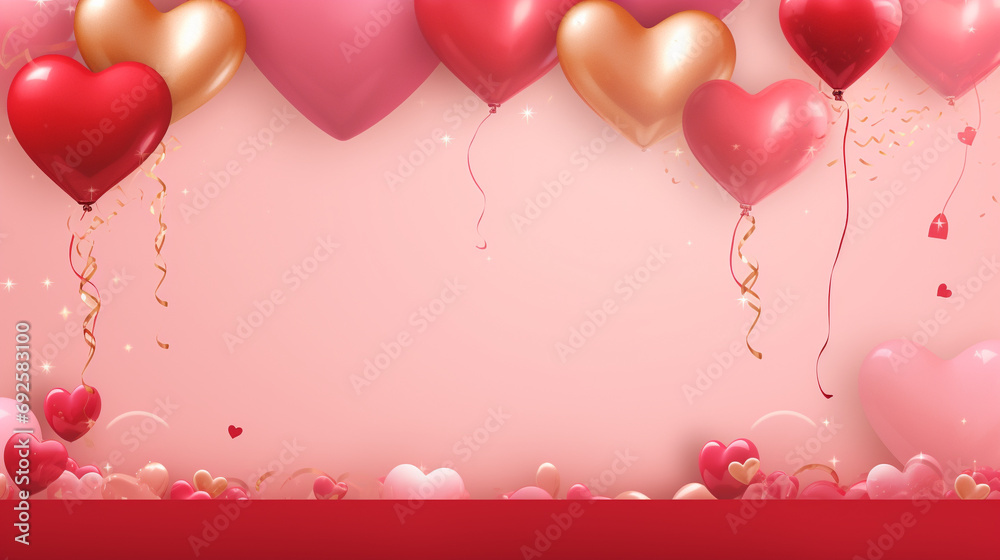 A visually appealing Valentine's Day composition featuring a beautifully crafted text frame and red and gold hearts foil balloons, creating an enchanting scene against a pink background.