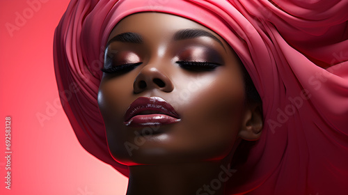 Black skin woman with bright pink make up