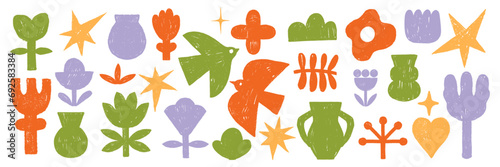 Naive organic abstract flowers set, doodle floral hand drawn elements, vector texture shapes, vase. Childish decorative natural spring matisse collection, scribble black botanical print. Naive flower
