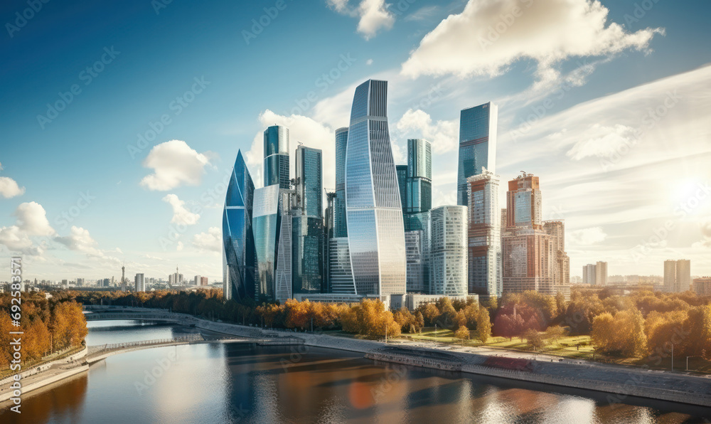Fototapeta premium Aerial View of Moscow City Skyscrapers and the Moscow River, Capturing the Essence of Russia.