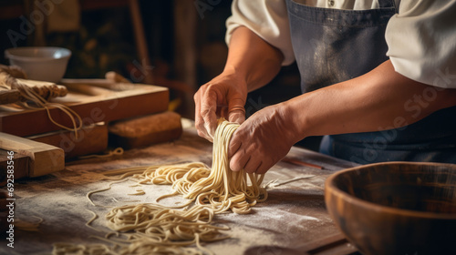 chef making handmade noodles for a Chinese noodle dish generative ai photo