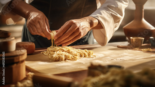 chef making handmade noodles for a Chinese noodle dish generative ai