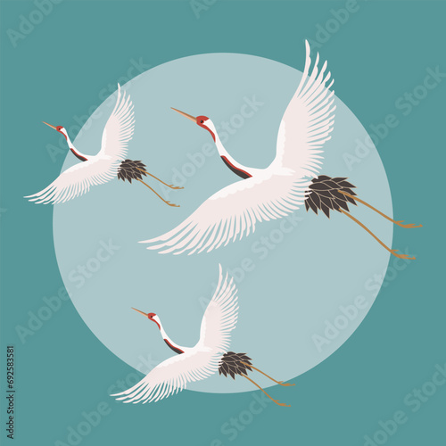 White flying cranes in the sky with the moon. Poster, postcard, vector