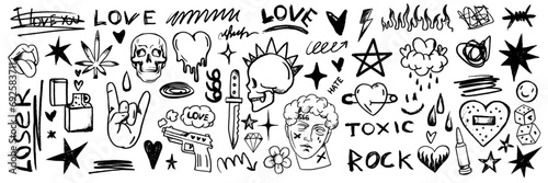 Doodle grunge rock set, hand drawn vector groovy punk graffiti print kit, emo gothic heart sign. Marker scribble sticker, crayon wax paint collage icon, fire, gun, knife, lips. Street grunge doodle photo