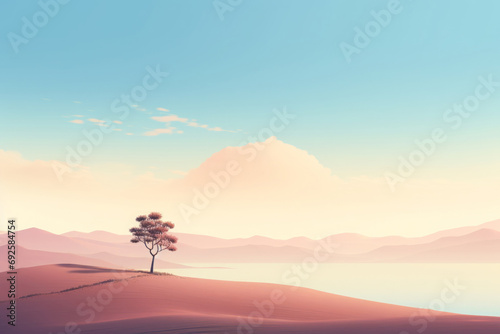 Minimalistic peaceful landscape with lonely tree. Nature background with tree silhouette. Calm and tranquility mood