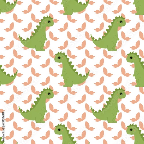 seamless pattern with green dinosaur and peach butterflies 