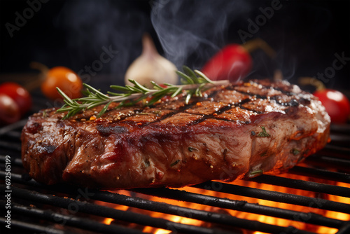 Steaks cooking over grill garnished with rosemary