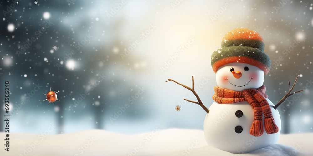 Snowman with a carrot nose snowy background, Christmas and new year background. 
