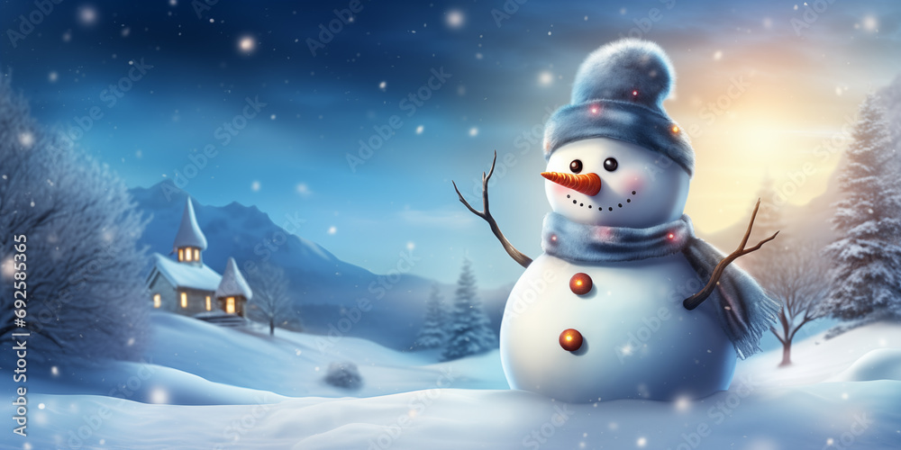 Snowman with a carrot nose snowy background, Christmas and new year background. 

