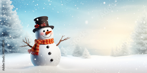 Snowman with a carrot nose snowy background, Christmas and new year background.   © theevening