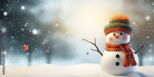 Snowman with a carrot nose snowy background, Christmas and new year background.   © theevening