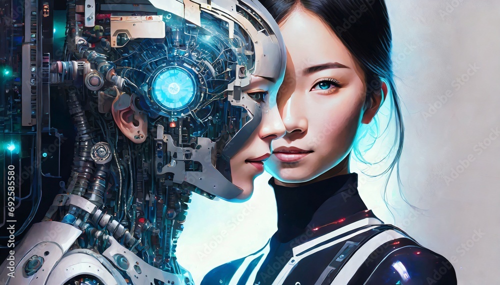 内部の機械部分が見えている、AIのイメージのヒューマノイドロボット、アンドロイド。女性型。未来のテクノロジーの結晶であり、サイバーなイメージ。