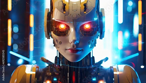 内部の機械部分が見えている、AIのイメージのヒューマノイドロボット、アンドロイド。女性型。未来のテクノロジーの結晶であり、サイバーなイメージ。 (ID: 692585543)