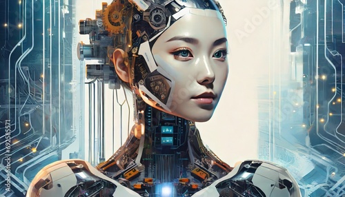 内部の機械部分が見えている、AIのイメージのヒューマノイドロボット、アンドロイド。女性型。未来のテクノロジーの結晶であり、サイバーなイメージ。 (ID: 692585571)