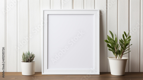 White frame mockup with plant pot on wooden table and white wall background © Aisyaqilumar