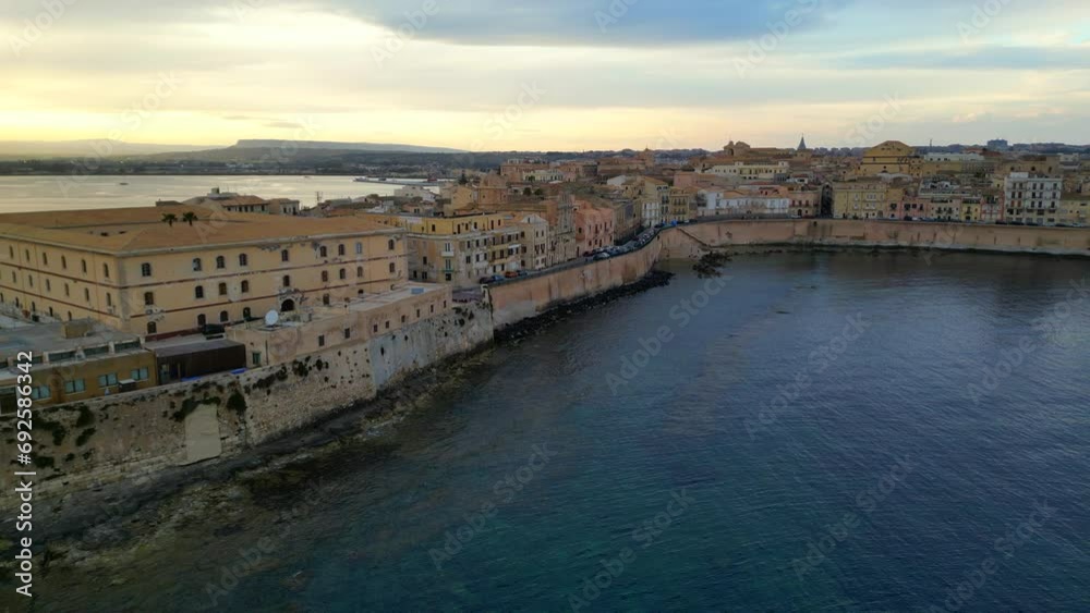 Syracuse, Sicily, Ortigia island, Etna volcano, UNESCO Italy. Europe heritage, Ortygia Historical centre, Piazza Duomo, Cityscape drone Aerial view of Castello Maniace citadel from above Syracuse, Sicily, Ortigia island, Etna volcano, UNESCO Italy. Europe heritage, Ortygia Historical centre, Piazza Duomo, Cityscape drone Aerial view of Castello Maniace citadel from above