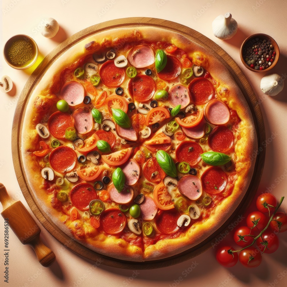 pizza with salami and tomatoes
