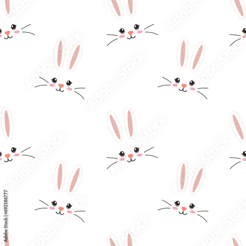 Seamless pattern with a rabbit face on a white background. Rabbit head, vector seamless background. White long ears, rabbit face. Vector illustration. Happy Easter.