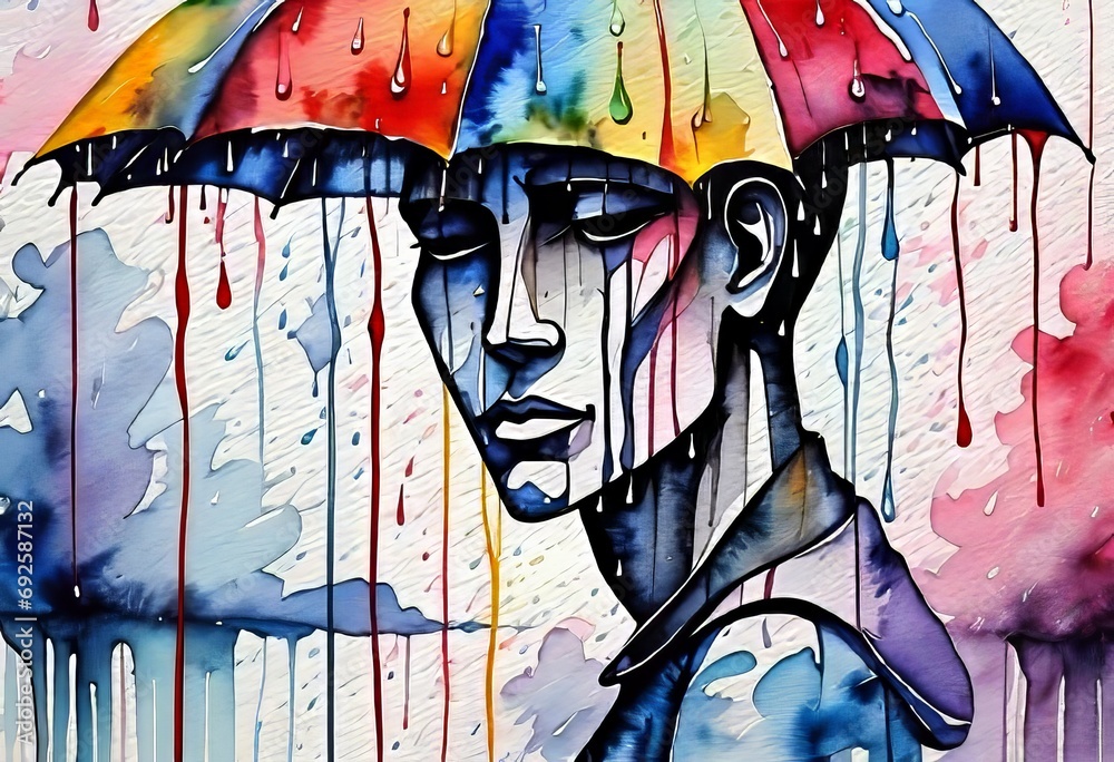 cabeza humana pensamiento lluvia de colores - obrazy, fototapety, plakaty 