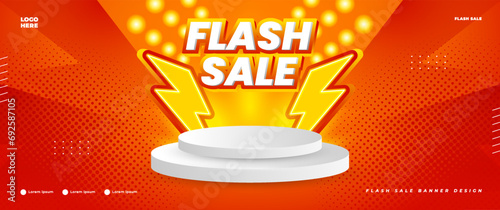Orange flash sale banner design with podium elements, suitable for retail promotions