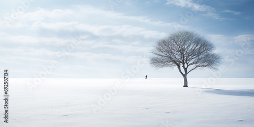 Artistic representation of a lone tree in a snowy landscape with a shadow forming the shape of a person, symbolizing isolation in winter depression