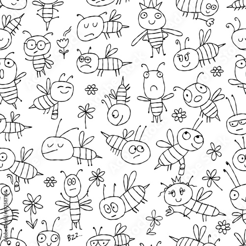 Funny Bees family. Beehive seamless pattern background for your design (ID: 692587164)