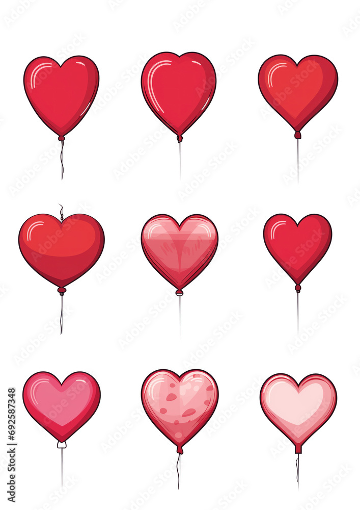 set of valentines love heart illustrations on transparent background