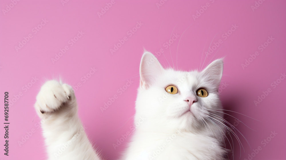 The paws of a white cat stick out from the edge of the image on a ponk background