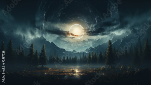 Surreal night landscape full moon over forest and mountains © Inga