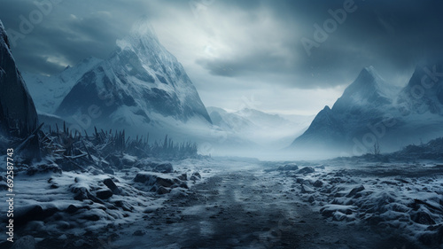 Snowy mountain landscape during a blizzard, emphasizing extreme weather