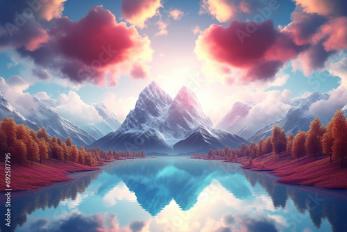 Beautiful Colorful Sky Mountain Lake Reflection on Water Valentine's Day Abstract Background. Peaceful Scenery, Relaxing Landscape with Blue Sky. Concept for Banner, Poster, Gift Card Design