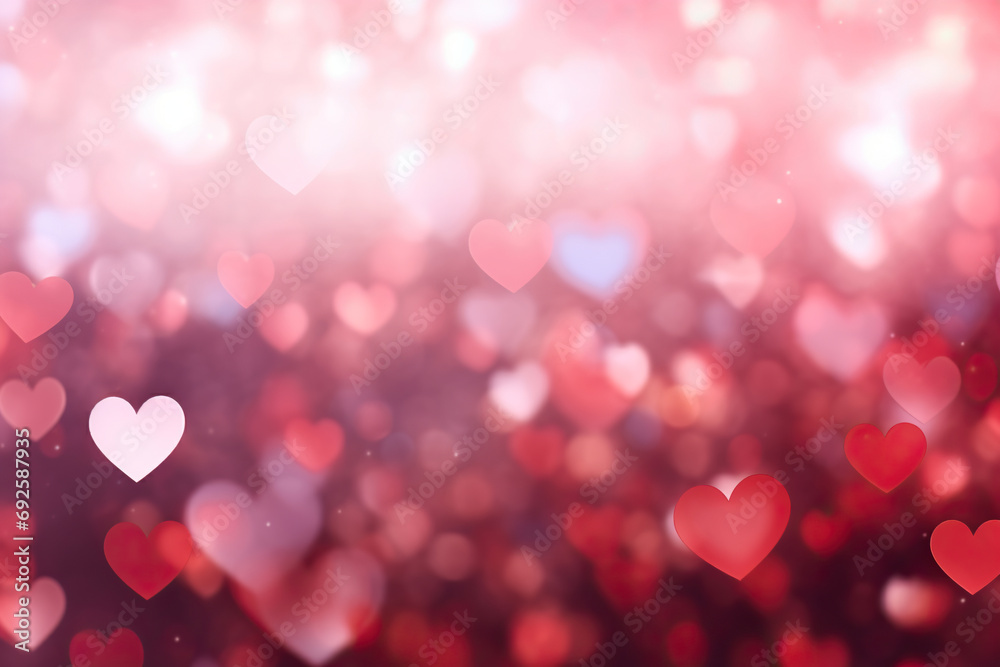 Love Light Sparkle Blur Bokeh Background with Colorful Heart Shapes. Abstract Red and Pink Spotlight for Banners, Posters, Wallpaper, Postcards, and Gift Cards