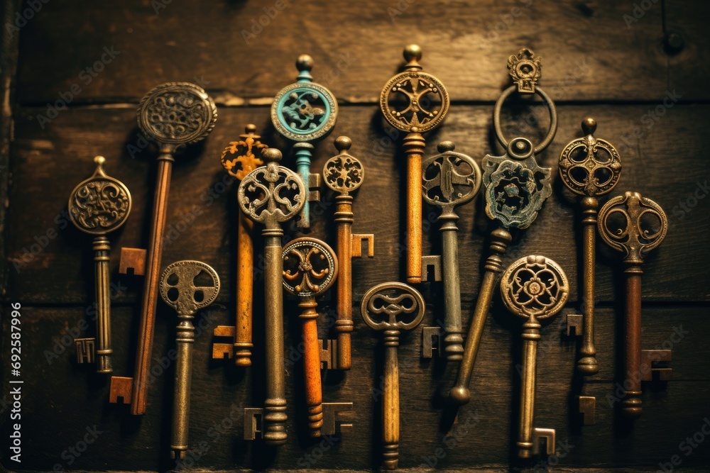 Artistic arrangement of vintage keys on an antique table, nostalgia and ...