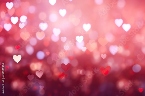 Love Light Sparkle Blur Bokeh Background with Colorful Heart Shapes. Abstract Red and Pink Spotlight for Banners, Posters, Wallpaper, Postcards, and Gift Cards