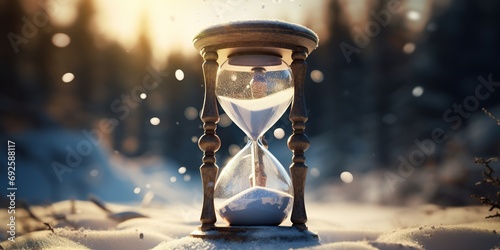 Conceptual image of an hourglass with snow instead of sand, illustrating the slow passage of time in winter depression