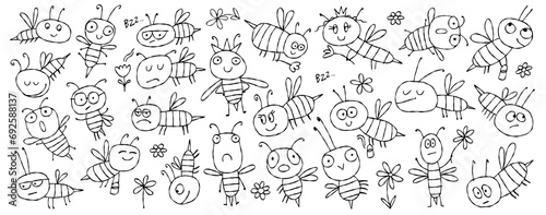 Funny Bees family. Beehive for your design. Horizontal print background (ID: 692588137)