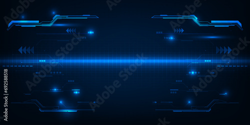 Vector illustration of futuristic digtial technology background.Horizontal digital space with glowing dot pattern and tech circuits network for advertising and game graphic artwork.