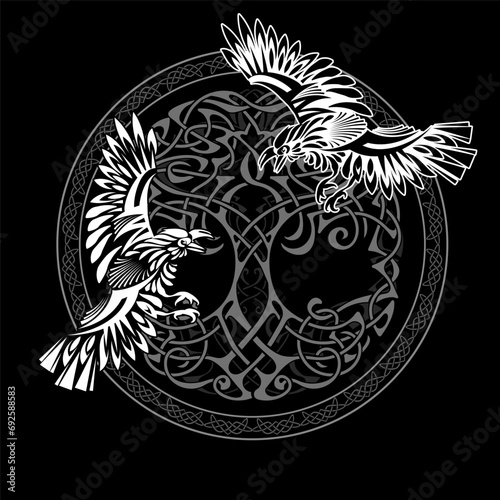 Odin s Celtic Raven. Scandinavian tattoo. Runic symbols in the Old Norse language mean Raven and Valknut. Trixel  Celtic cross  Gungir and knots. Vector illustration of Scandinavian Warriors of Valhal